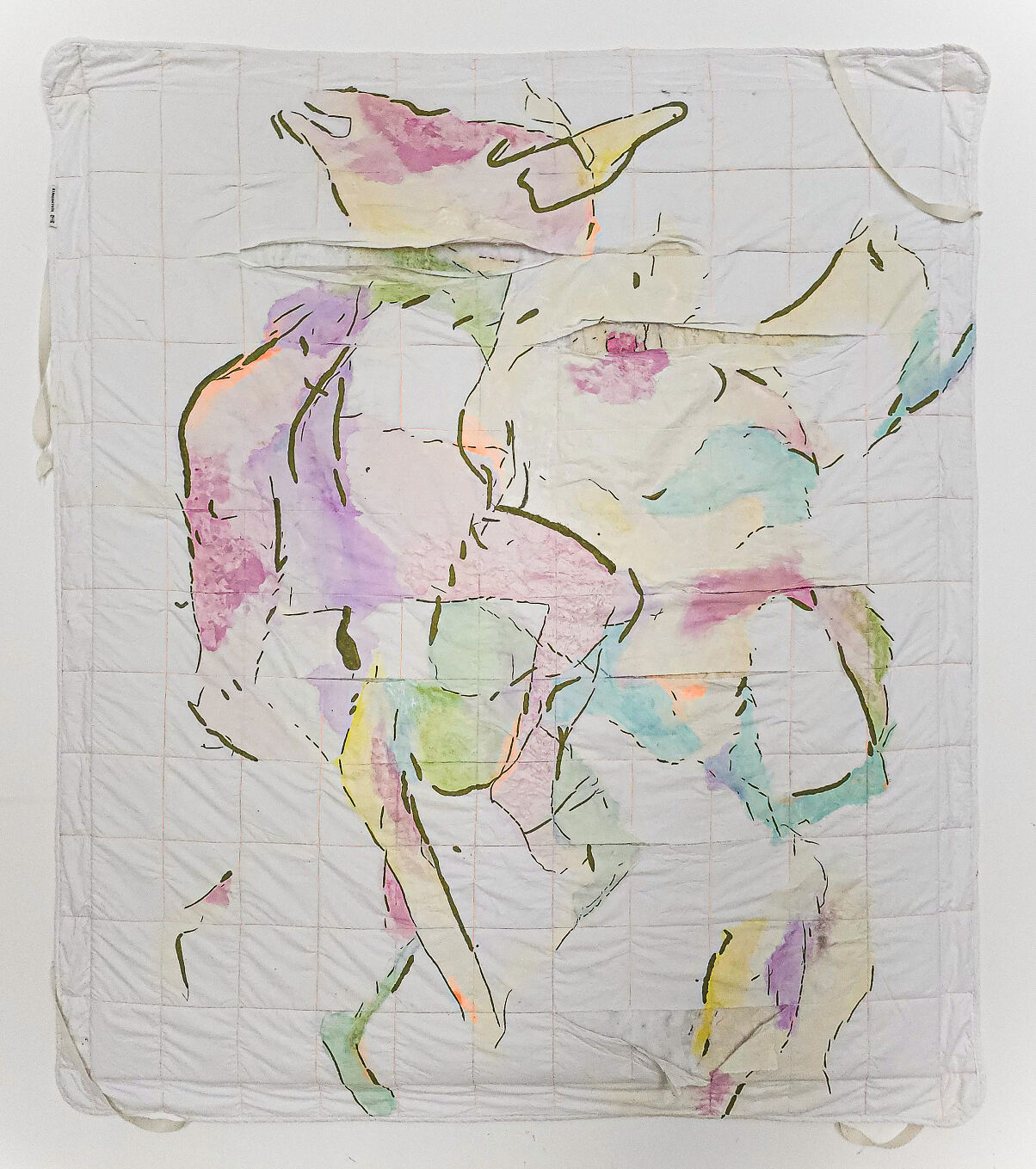 Jubilaeumsausstellung KATER D., KING SAMANTHA, 2025, Acrylfarbe, Menschen(bein)haar und Katzen(rücken)haar auf Matratzenschoner, 193 x166 cm ©theartist